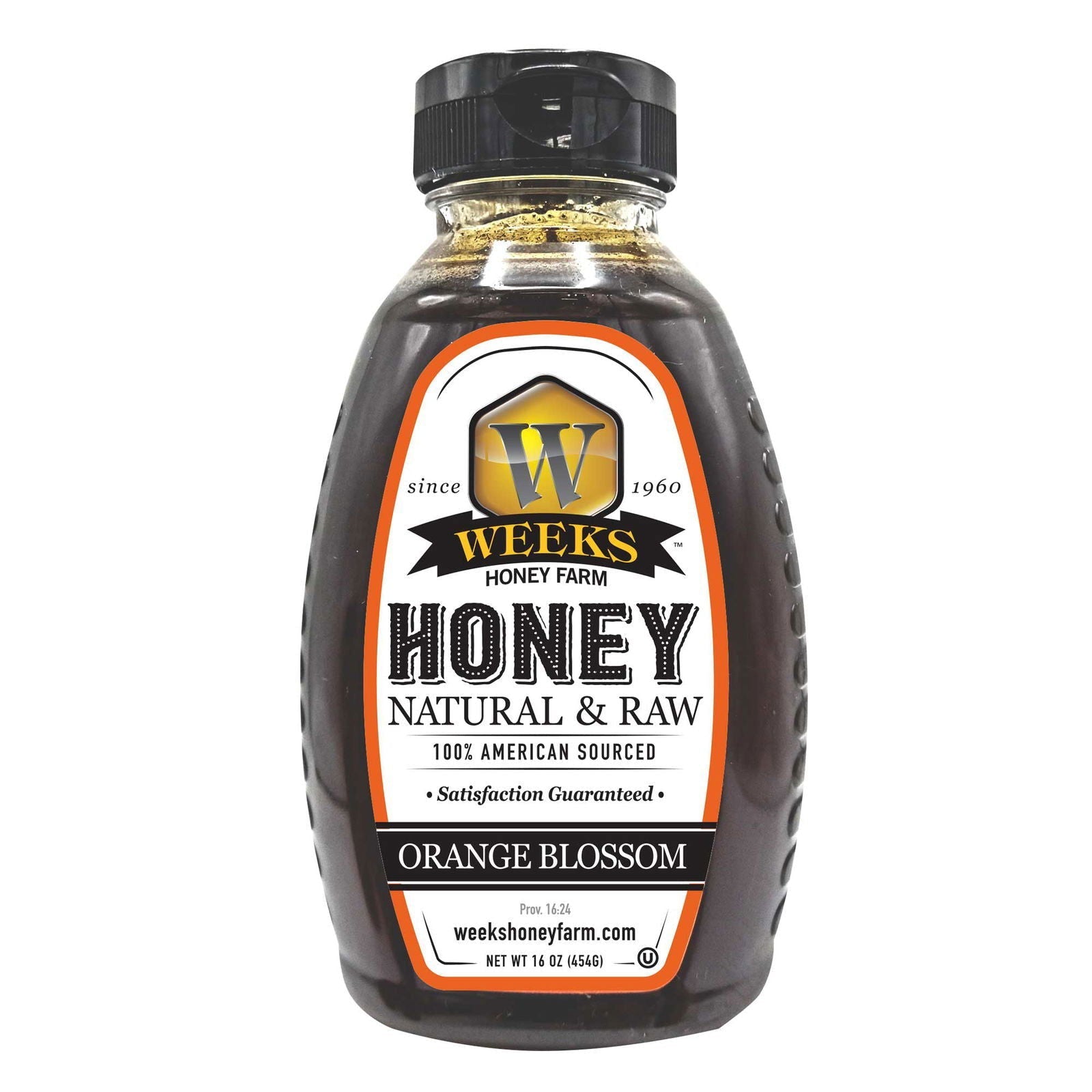 Jar of Weeks Naturals orange blossom honey from Weeks Honey Farm, showing golden raw honey in a clear glass jar.