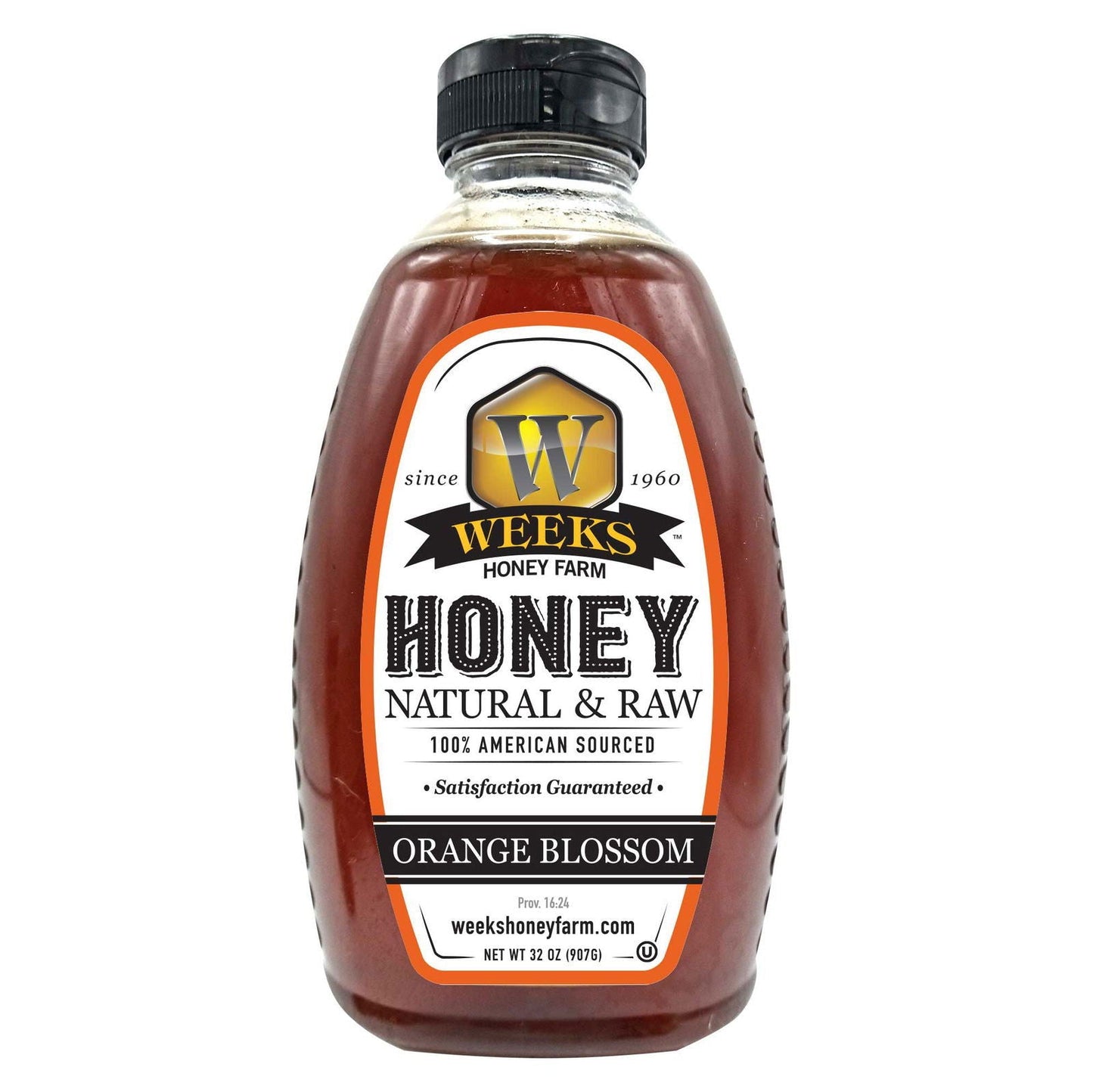 12-ounce jar of Weeks Naturals pure raw orange blossom honey, showcasing golden honey with a natural, smooth texture.