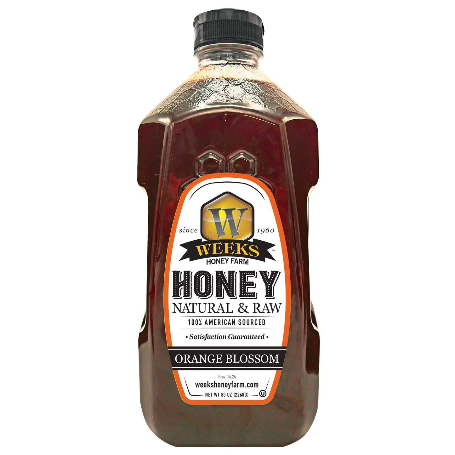 Jar of Weeks Naturals pure raw orange blossom honey from Weeks Honey Farm, showcasing golden honey with a honey dipper.