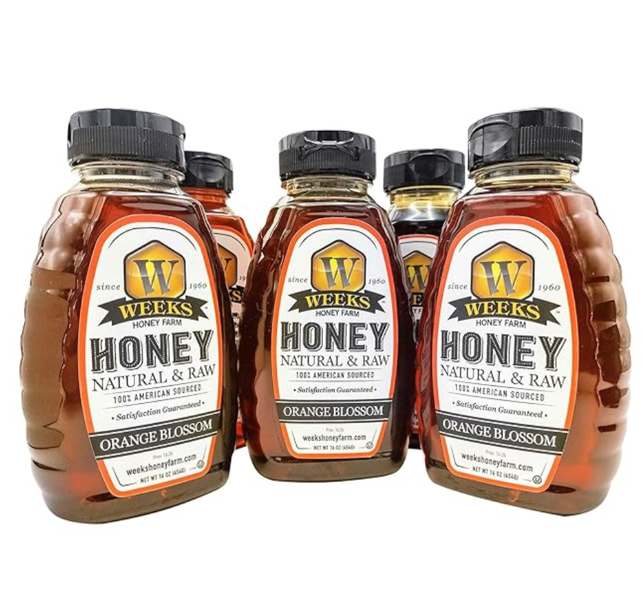 Jar of Weeks Naturals pure raw orange blossom honey showing golden honey inside, labeled as all-natural and 12 ounces.