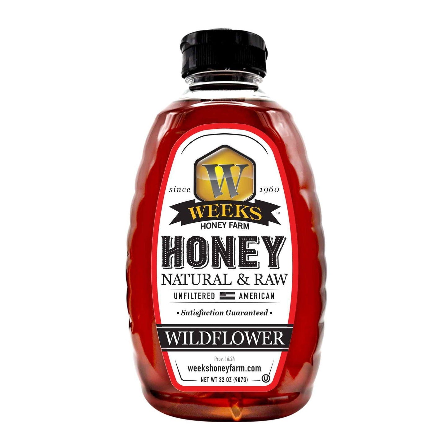 Jar of Weeks Naturals wildflower honey from Weeks Honey Farm, 12 ounces, showcasing golden, pure, raw natural honey in a glass jar
