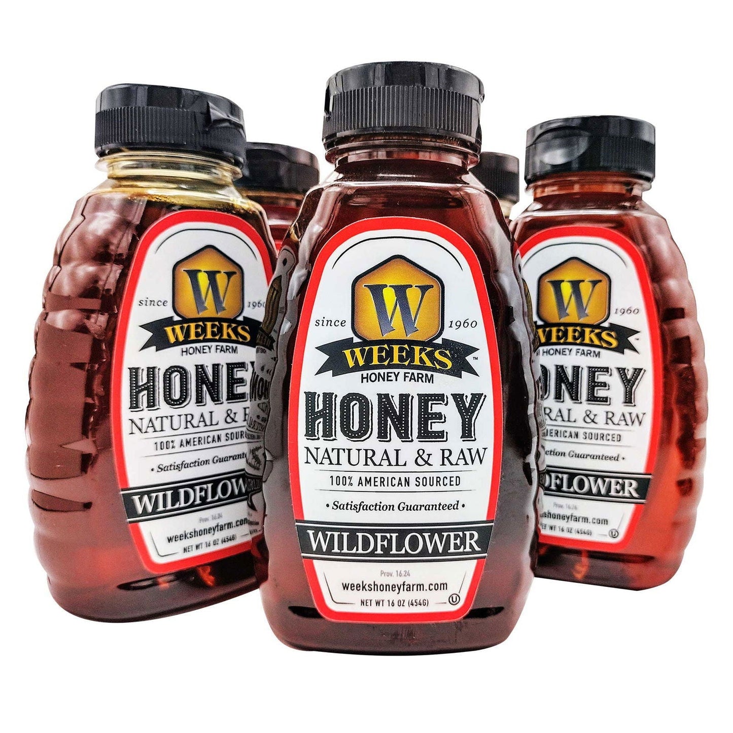 Jar of Weeks Naturals Wildflower Honey from Weeks Honey Farm, 12 ounces, showcasing golden, raw, all-natural honey with a natural honey dipper.