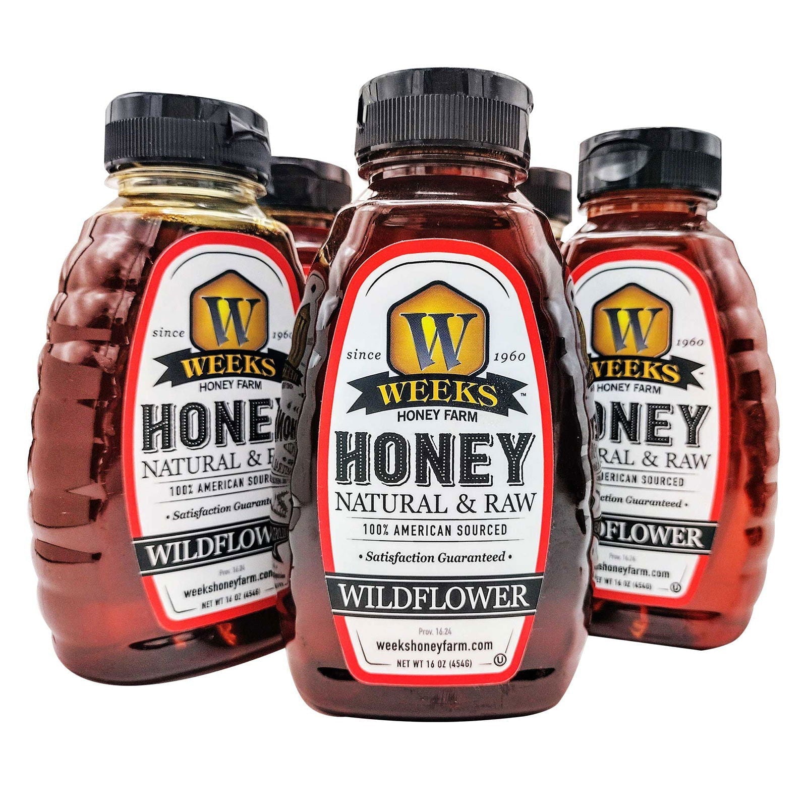 Jar of Weeks Naturals Wildflower Honey from Weeks Honey Farm, 12 ounces, showcasing golden, raw, all-natural honey with a natural honey dipper.