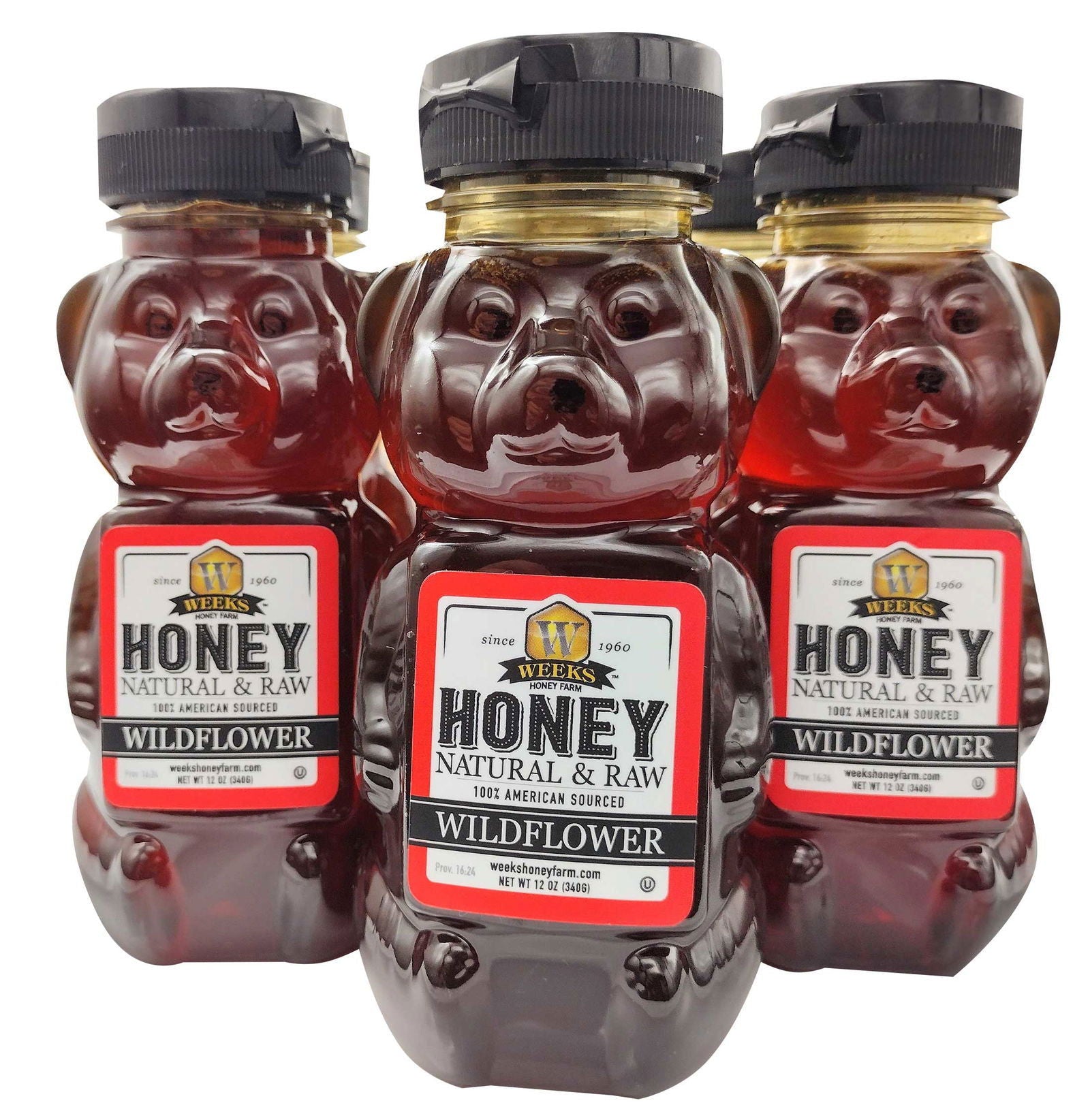 12-ounce jar of Weeks Naturals raw wildflower honey from Weeks Honey Farm, showcasing natural, golden honey in a glass jar.