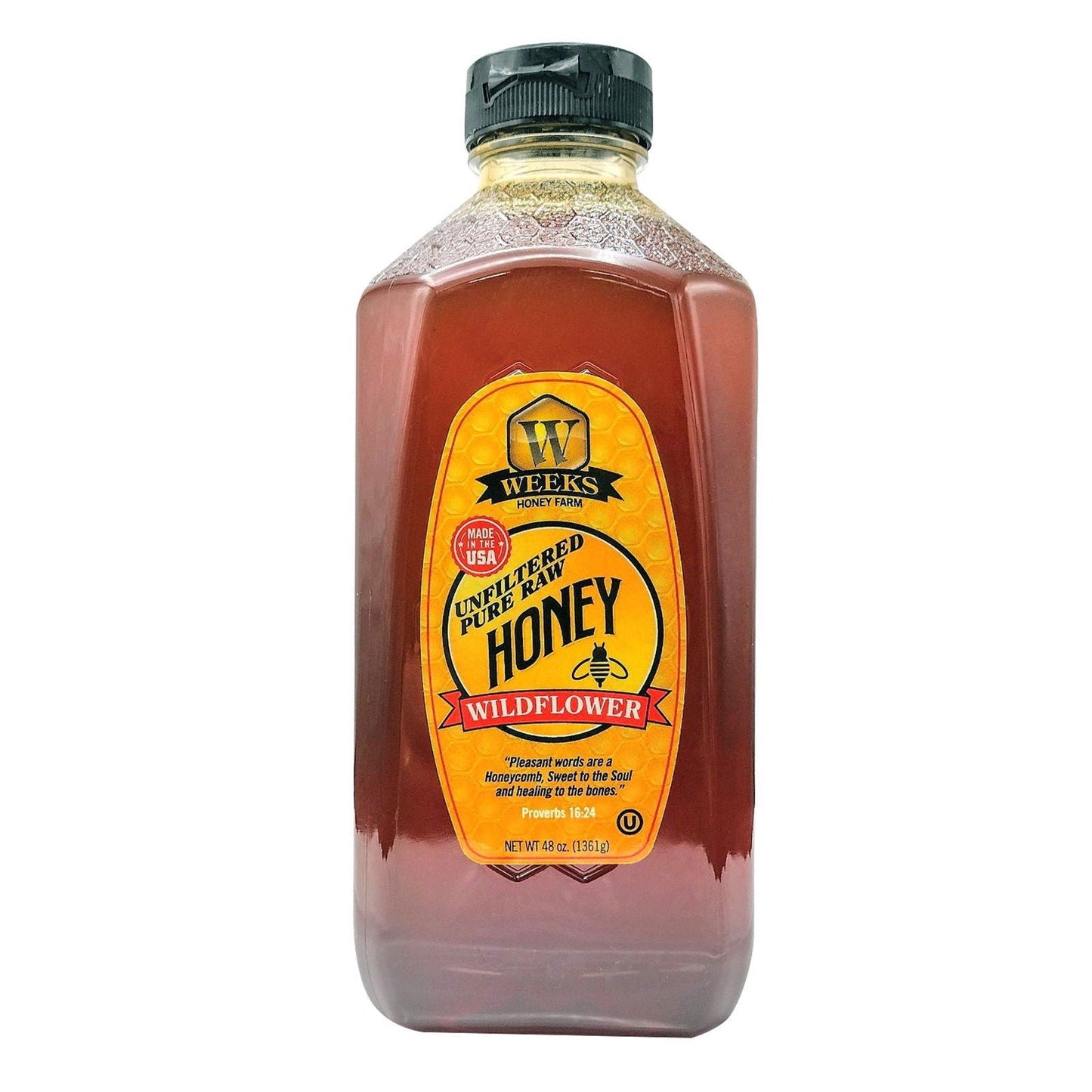 Jar of Weeks Naturals wildflower honey, 12 oz, showcasing golden, raw, all-natural honey from Weeks Honey Farm.