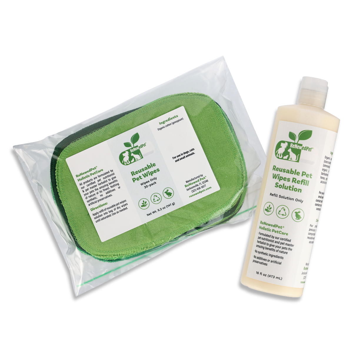 Reusable pet wipes by ReNewedPet for grooming, showing soft, eco-friendly cloth wipes suitable for cleaning all types of pets.