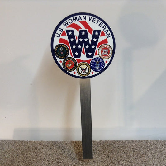 U.S. woman veteran grave marker by Flagman of America, made in the USA, featuring an engraved female veteran figure.
