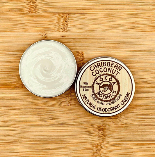 Natural deodorant cream by KOKOA BOTANICS in Caribbean Coconut scent, 2.5 oz, shown in a wooden container.