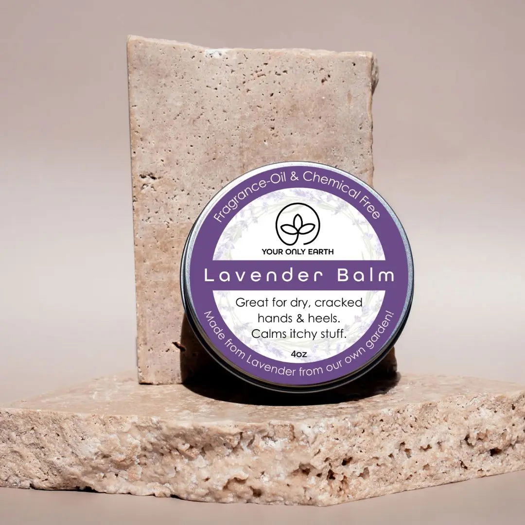 4 oz jar of Your Only Earth Lavender Balm showing a smooth, lavender-scented balm in a clear container.
