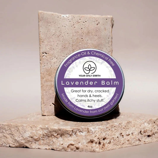 4 oz jar of Your Only Earth Lavender Balm showing a smooth, lavender-scented balm in a clear container.