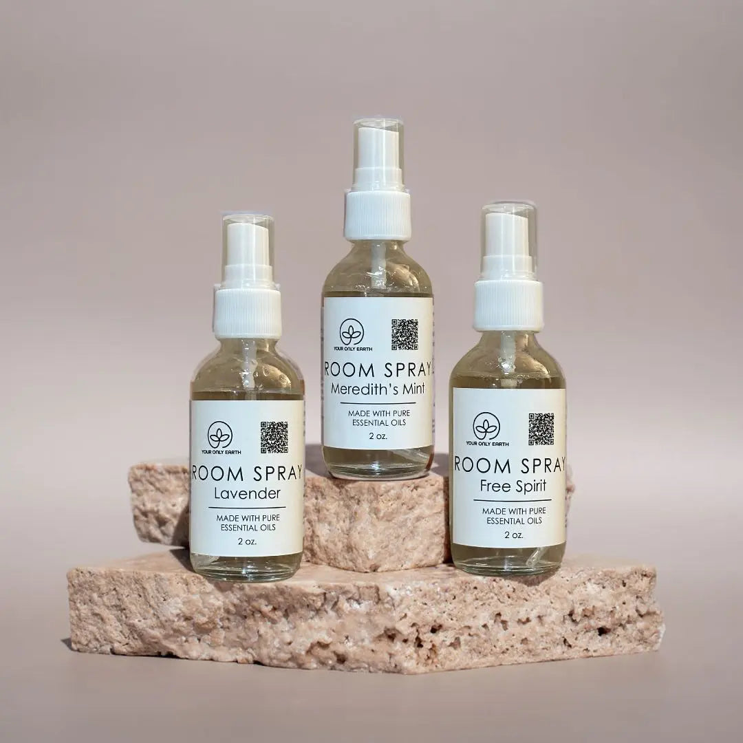 Your Only Earth lavender room spray bottle with a sleek design, ready to freshen and scent indoor spaces.
