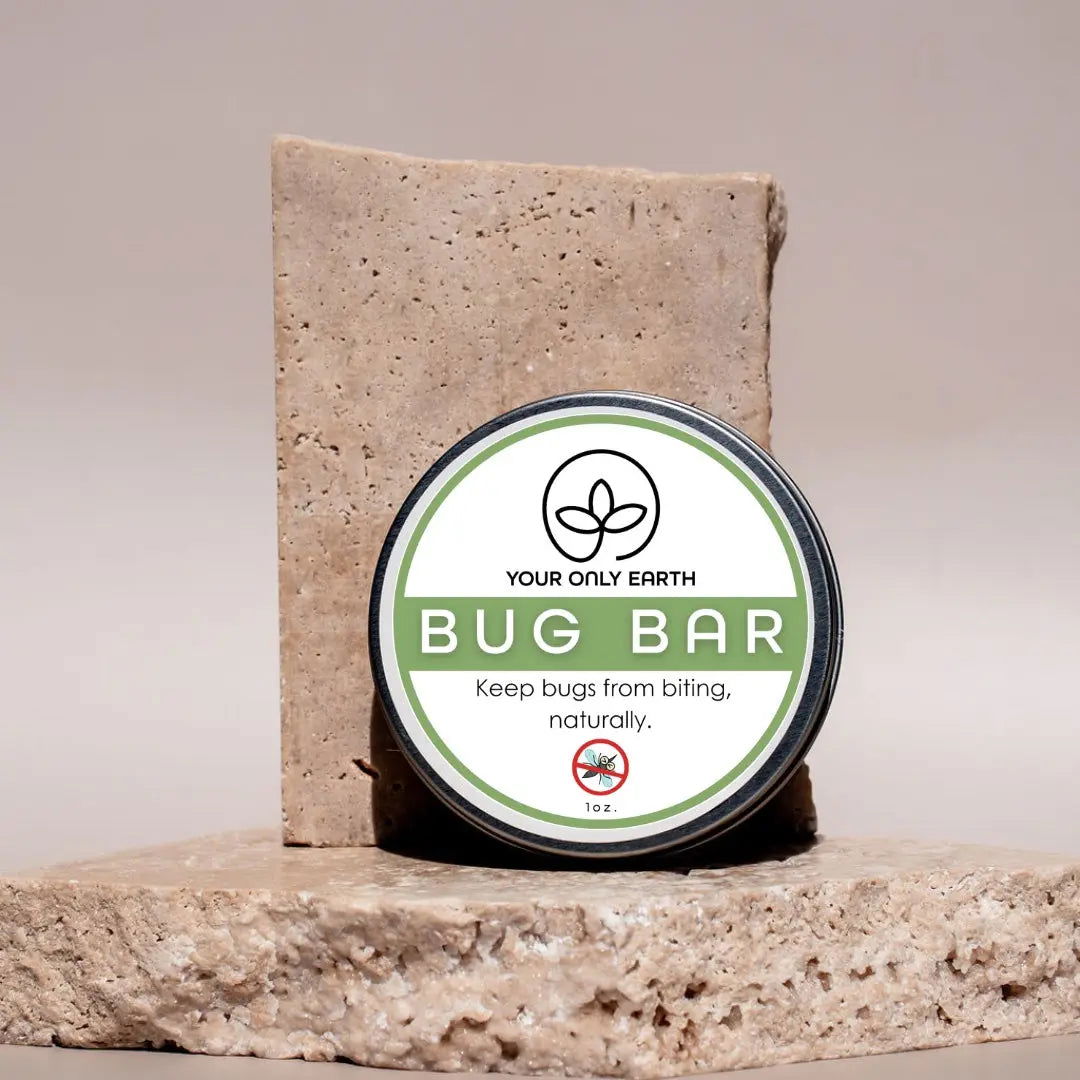 Your Only Earth Bug Bar skin care product with natural ingredients, featuring a bar design for outdoor protection against bugs