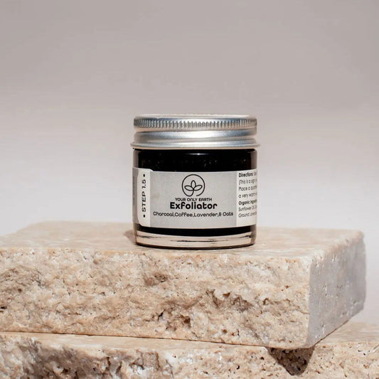 Your Only Earth skin care exfoliator with natural ingredients, showing a jar of the exfoliating scrub with textured surface.