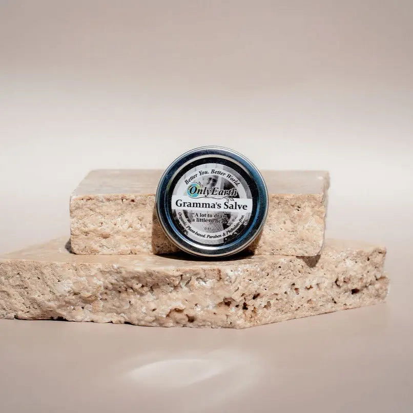 Your Only Earth Gramma's Salve skincare jar with herbal-infused salve for soothing skin relief and natural healing.