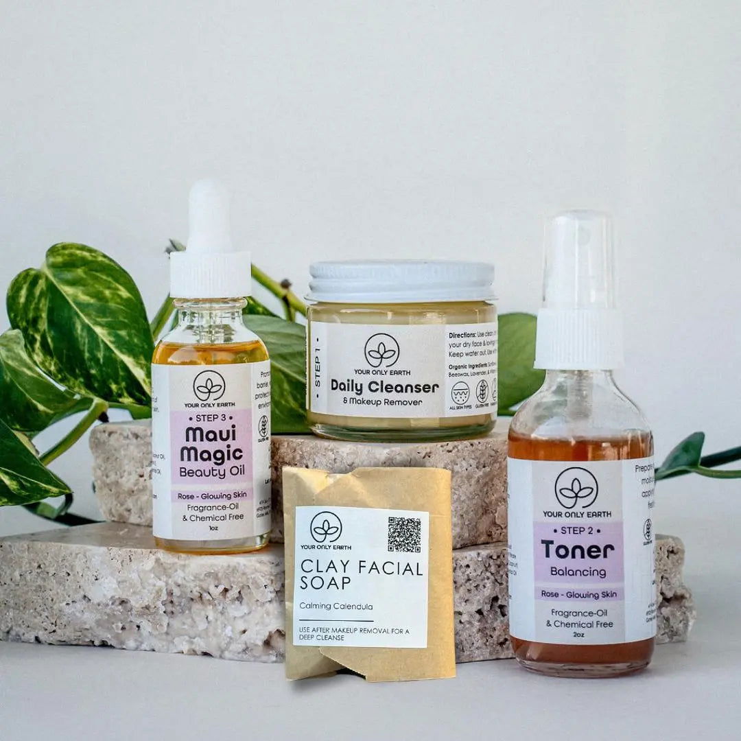 Your Only Earth Dewy Skincare Set with rose facial cleanser and moisturizer for dry and rosacea-prone skin.