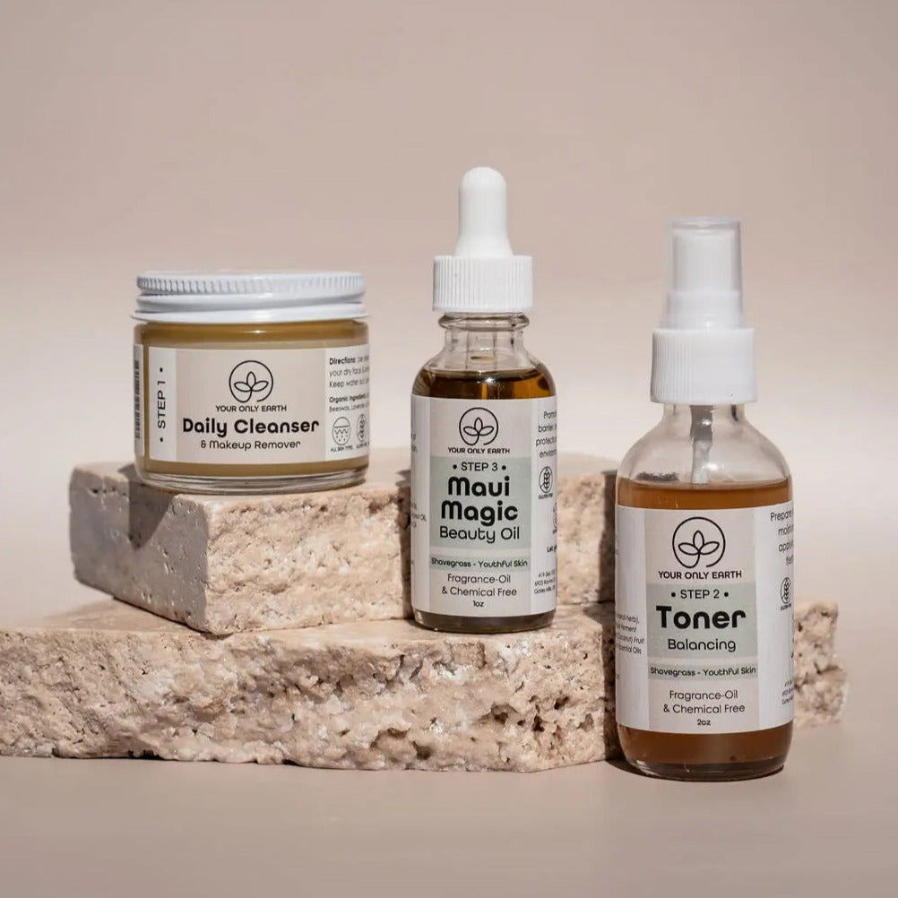 Your Only Earth Dewy Skincare Set with rose facial cleanser and dry rosacea treatment in a complete skincare bundle.