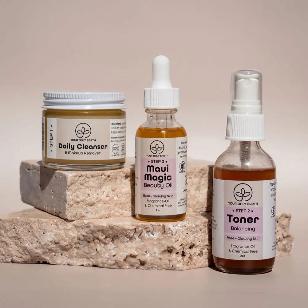 Your Only Earth Dewy Skincare Set featuring daily cleanser, facial soap, and rosacea relief products for dry skin care.