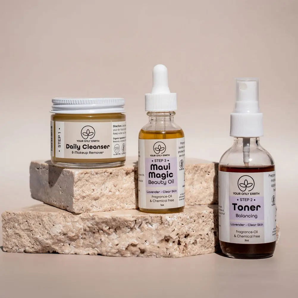 Your Only Earth Dewy Skincare Set with rose-scented daily cleanser and facial soap for dry skin and rosacea relief.