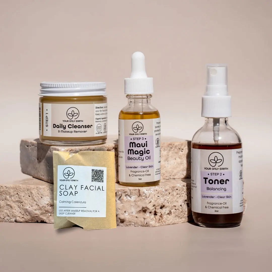 Your Only Earth Dewy Skincare Set with rose-infused cleanser and facial soap, designed for dry skin and rosacea.