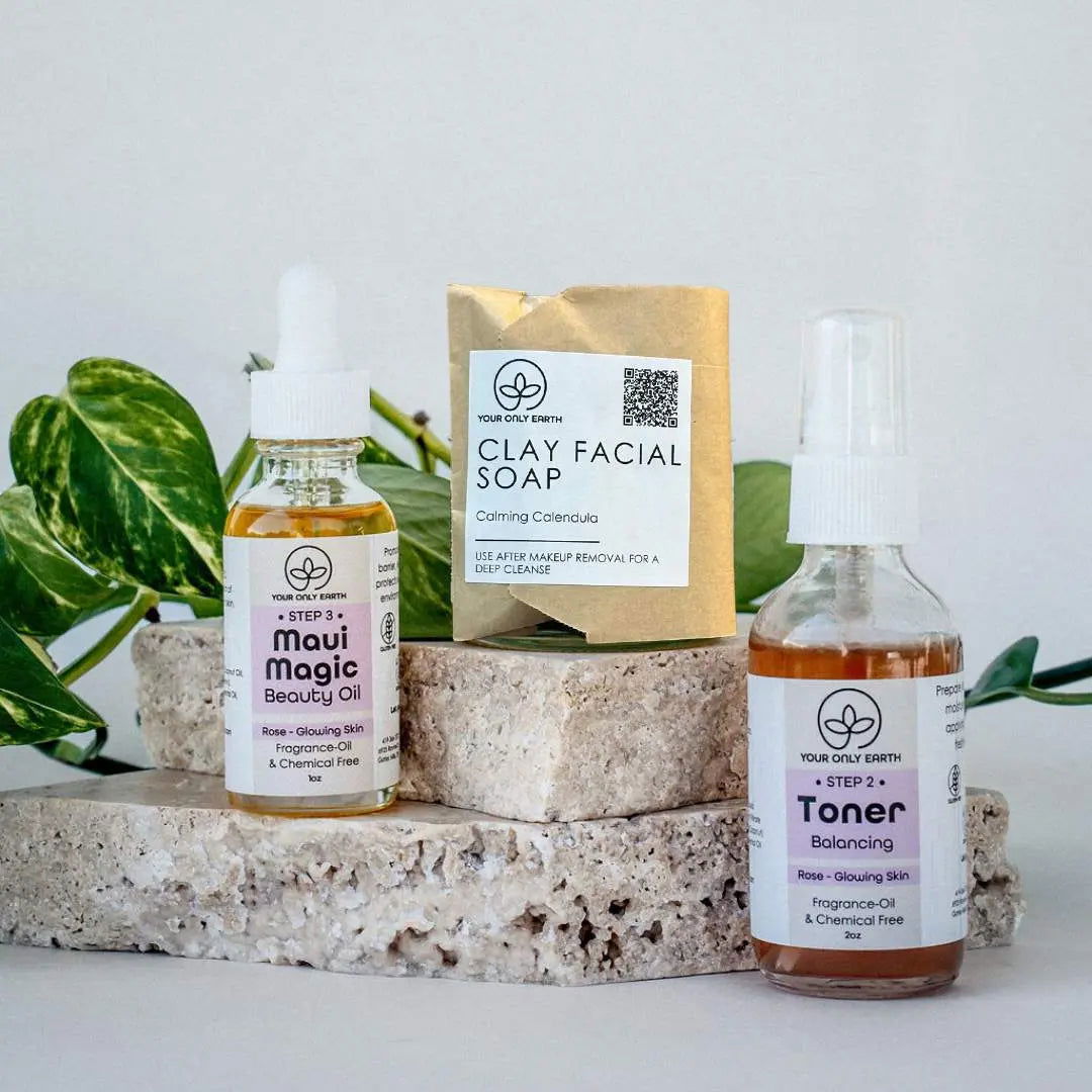 Your Only Earth Dewy Skincare Set with rose-infused cleanser and facial soap for dry skin and rosacea relief
