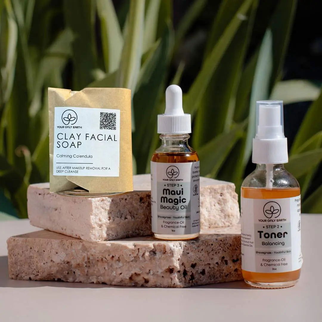 Your Only Earth Dewy Skincare Set with rose facial cleanser and dry rosacea treatment in a complete skin care kit.
