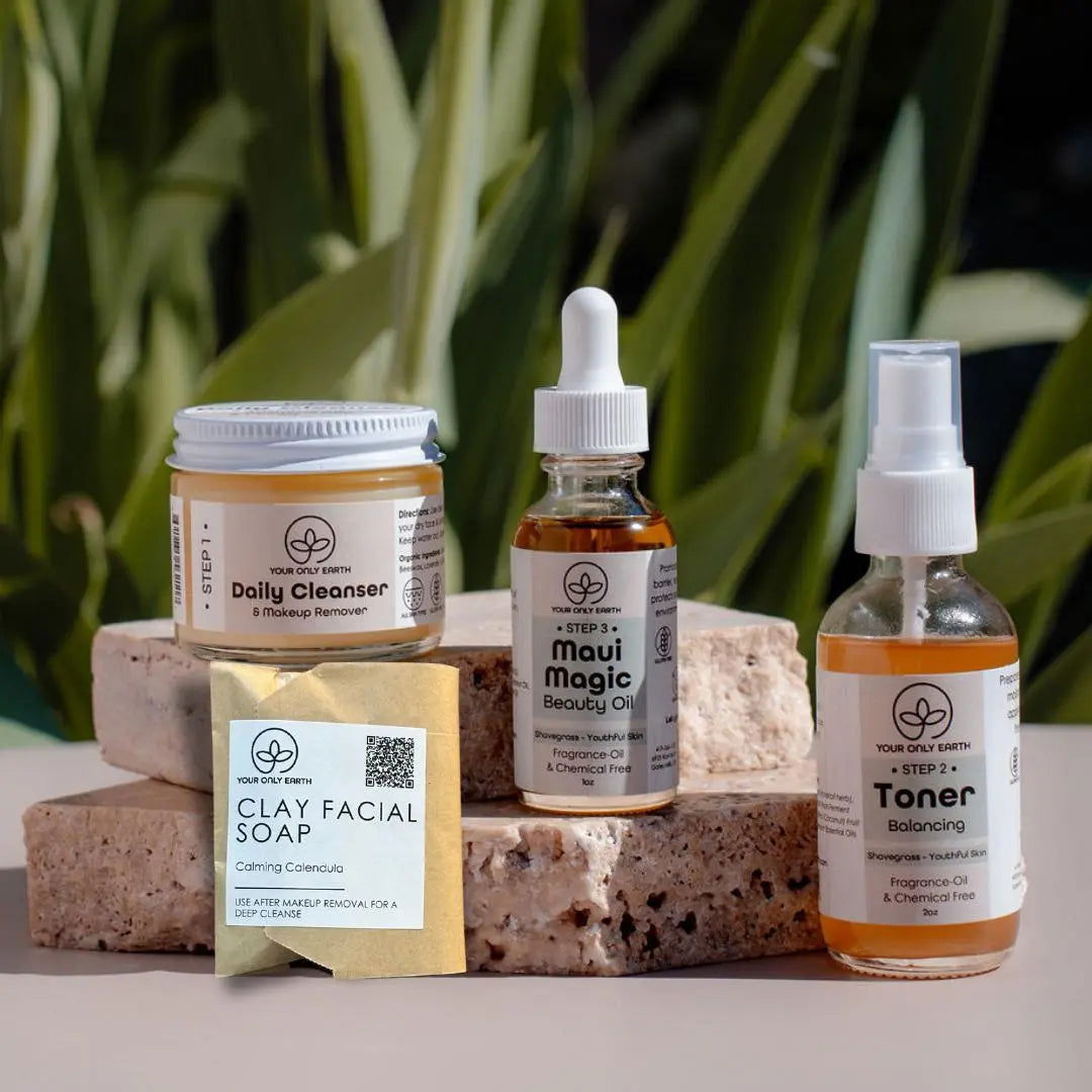 Your Only Earth Dewy Skincare Set with rose facial cleanser and moisturizer, designed for dry and rosacea-prone skin.