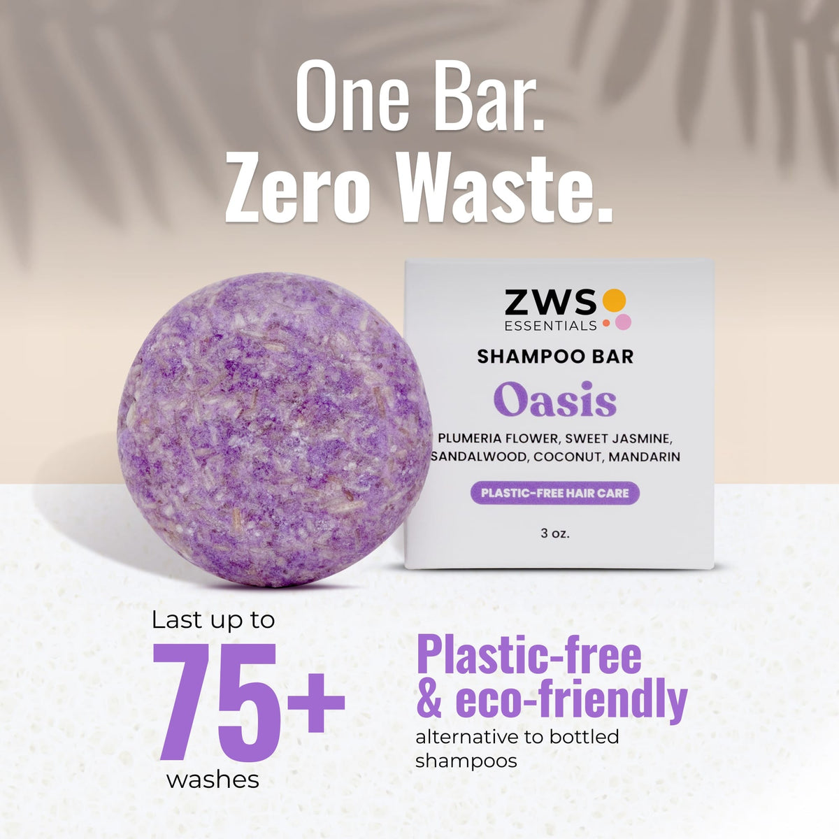 Plastic-free shampoo and conditioner bar duo with Oasis scent, shown in eco-friendly packaging for ZeroWasteStore.com.