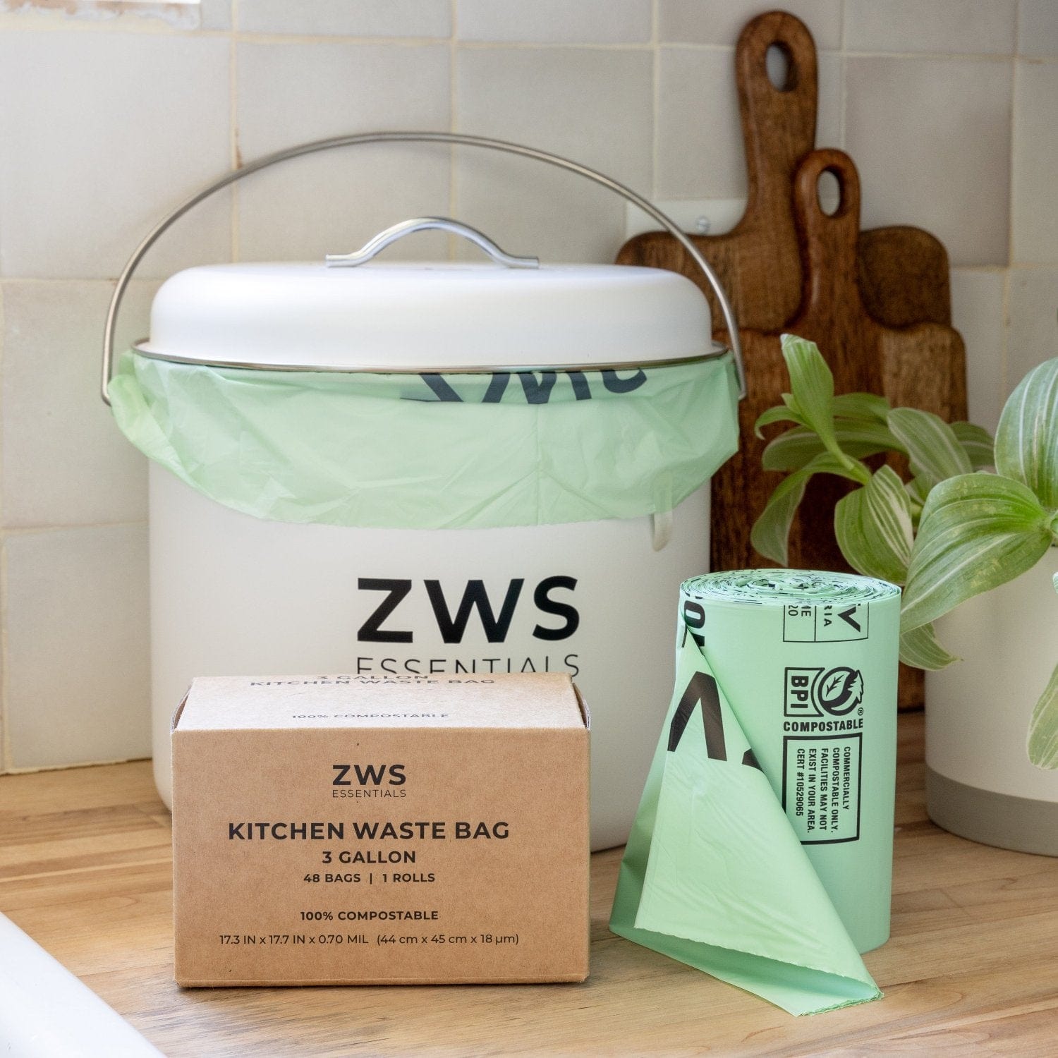 Set of 48 three-gallon compost bin bags from ZeroWasteStore.com, eco-friendly compost bags for kitchen waste collection.