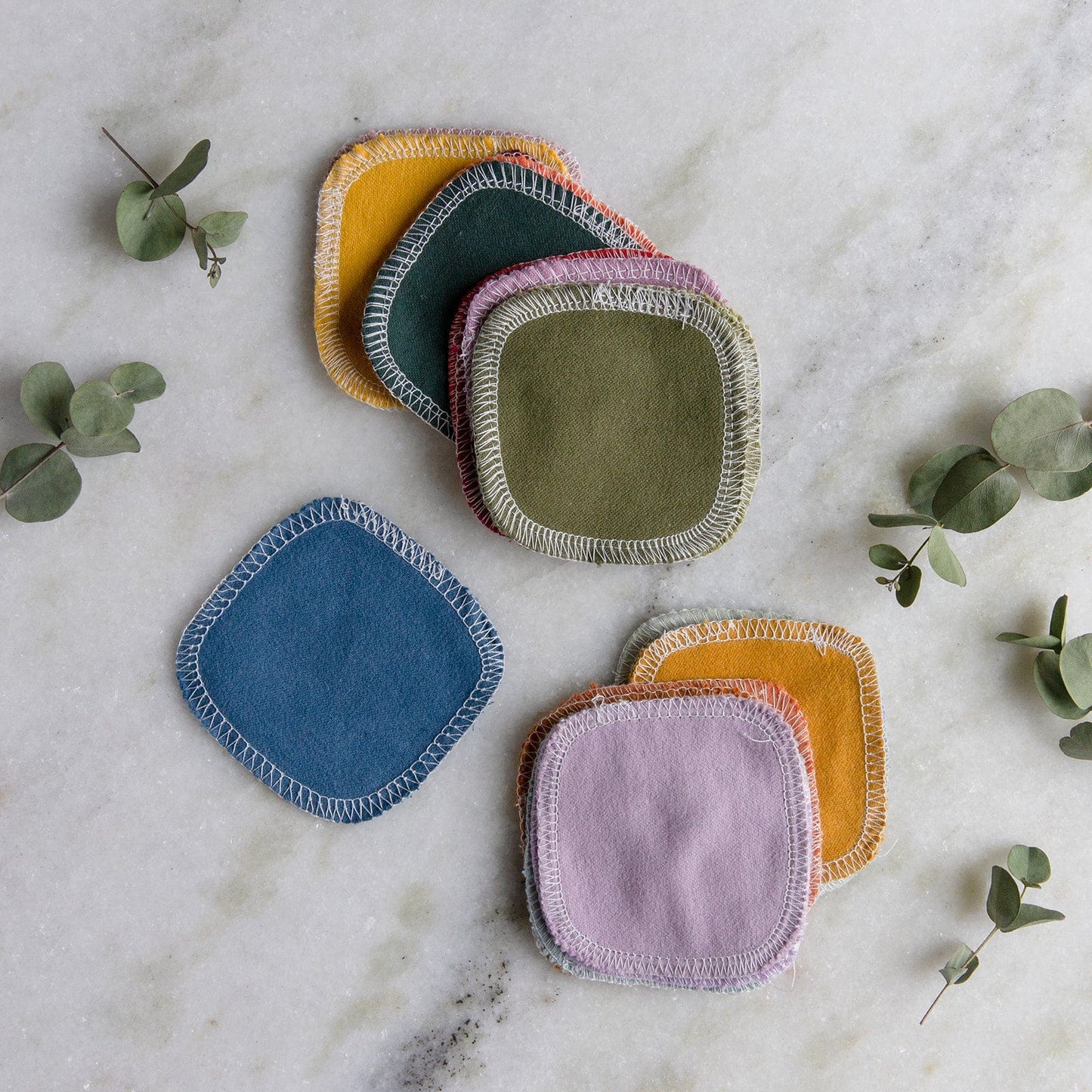 Reusable cotton facial rounds in earth tones from ZeroWasteStore.com, soft and eco-friendly for skincare.
