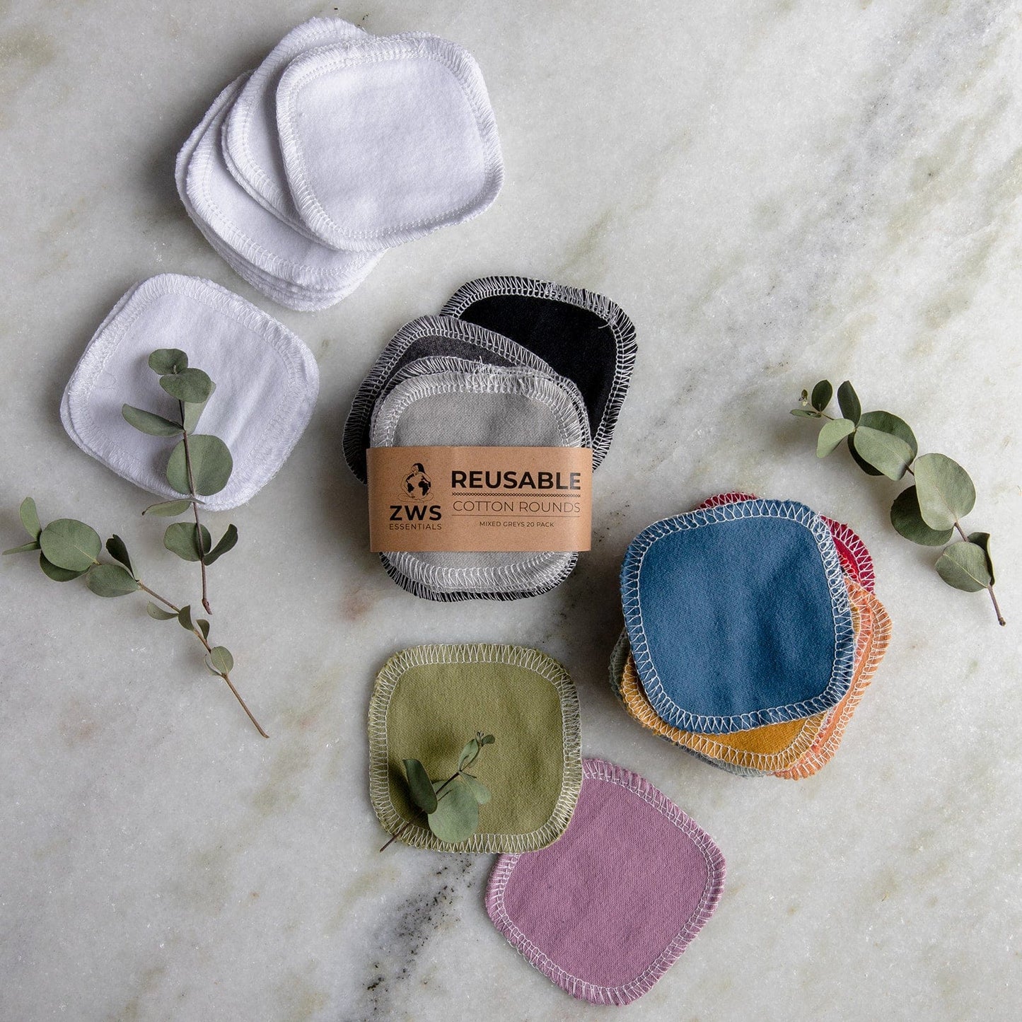 Set of reusable cotton facial rounds in earth tones from ZeroWasteStore.com, eco-friendly and soft for gentle skincare.