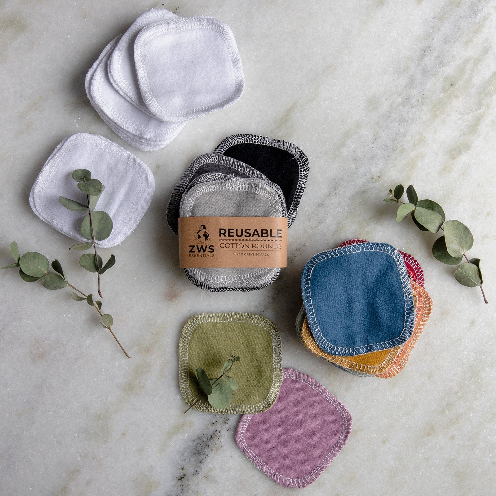 Set of reusable cotton facial rounds in earth tones from ZeroWasteStore.com, eco-friendly and soft for gentle skincare.