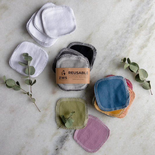 Set of reusable cotton facial rounds in earth tones from ZeroWasteStore.com, eco-friendly and soft for gentle skincare.