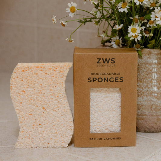 Two cellulose kitchen sponges from ZeroWasteStore.com for household cleaning, shown in a 2-pack on a clean kitchen surface.