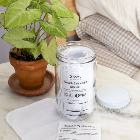 Reusable disinfectant wipes DIY kit from ZeroWasteStore.com, household cleaning supplies with cloth wipes and cleaning solution.