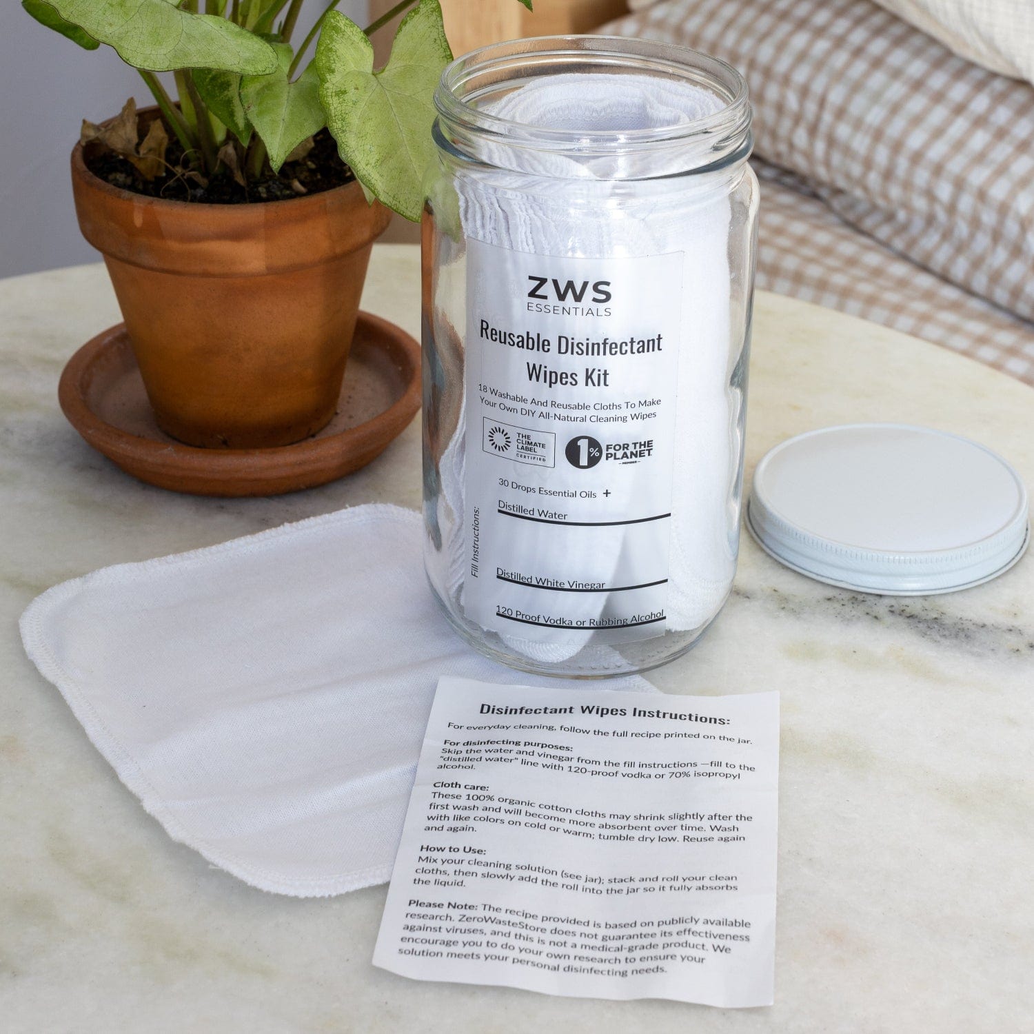 Reusable disinfectant wipes DIY kit from ZeroWasteStore.com, eco-friendly household cleaning supplies with reusable cloths and disinfectant solution.