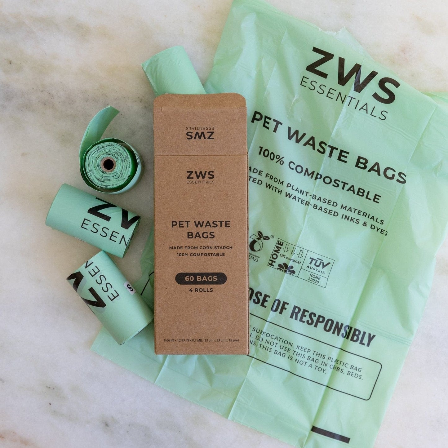 Set of 60 compostable pet waste bags from ZeroWasteStore.com, biodegradable bags for easy pet waste disposal.