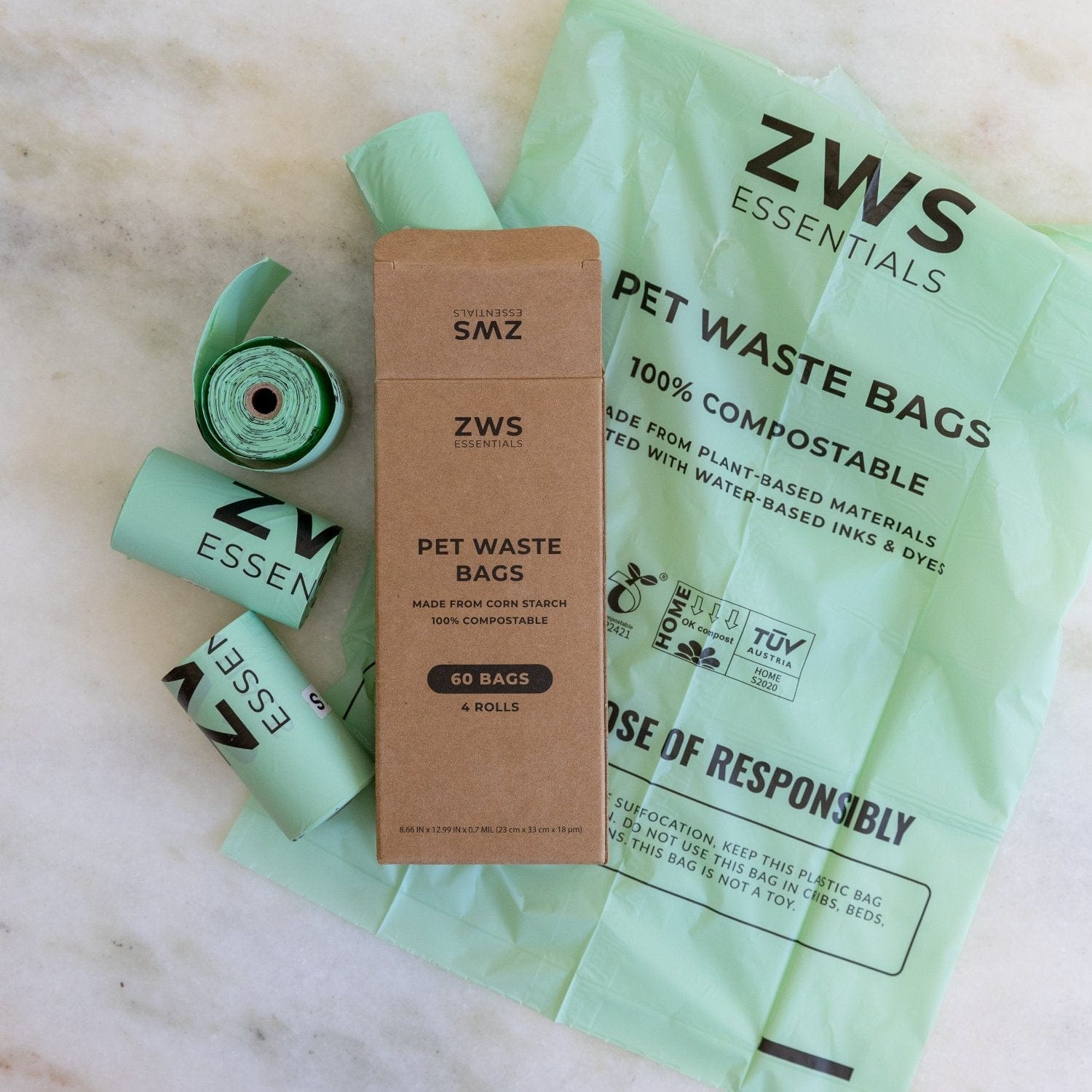 Set of 60 compostable pet waste bags from ZeroWasteStore.com, biodegradable bags for easy pet waste disposal.