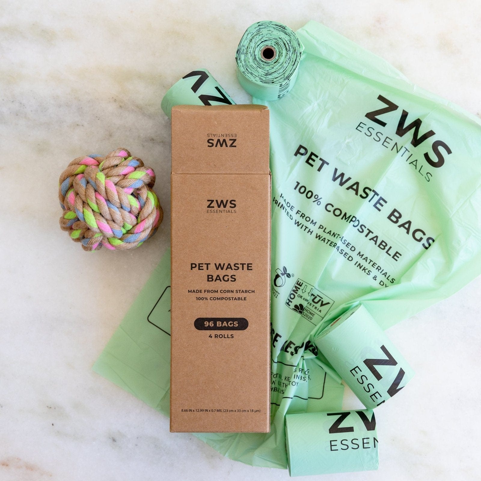 Set of 60 compostable pet waste bags from ZeroWasteStore.com, eco-friendly and biodegradable for convenient pet cleanup.