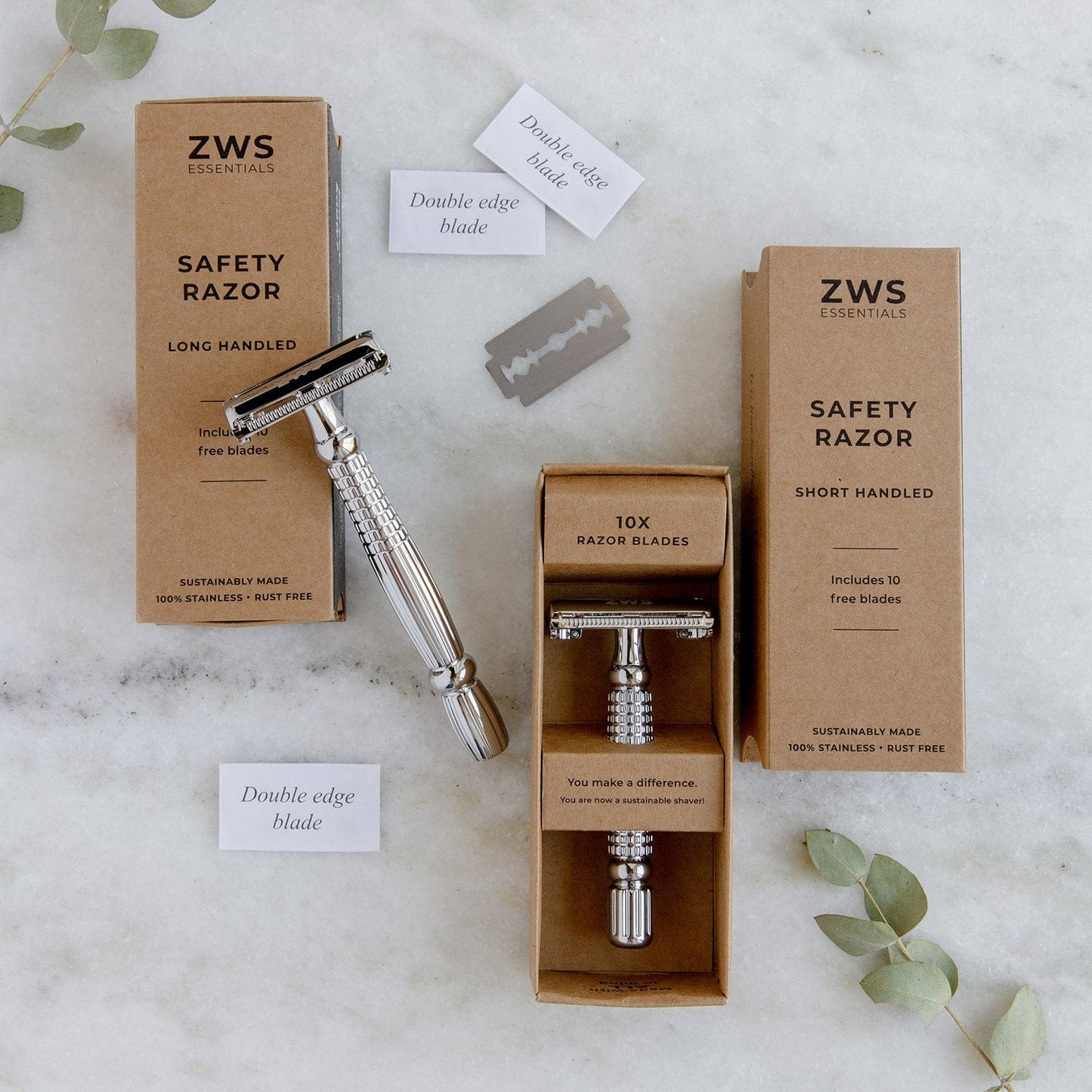 Three zero waste razor replacement blades from ZeroWasteStore.com, eco-friendly blades for sustainable shaving.