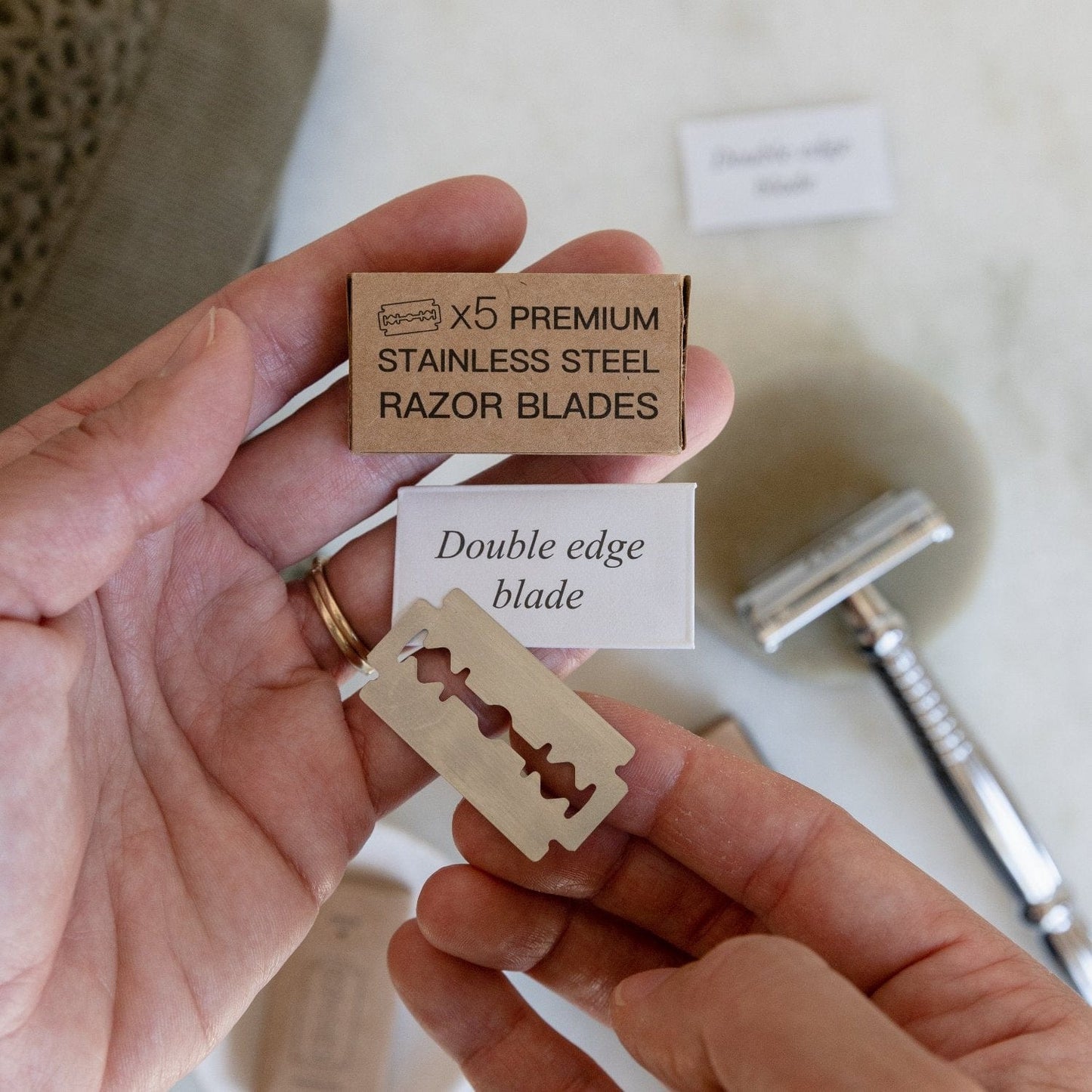 Three replacement blades for Zero Waste Razor by ZeroWasteStore.com, eco-friendly razors and razor blades for sustainable grooming.