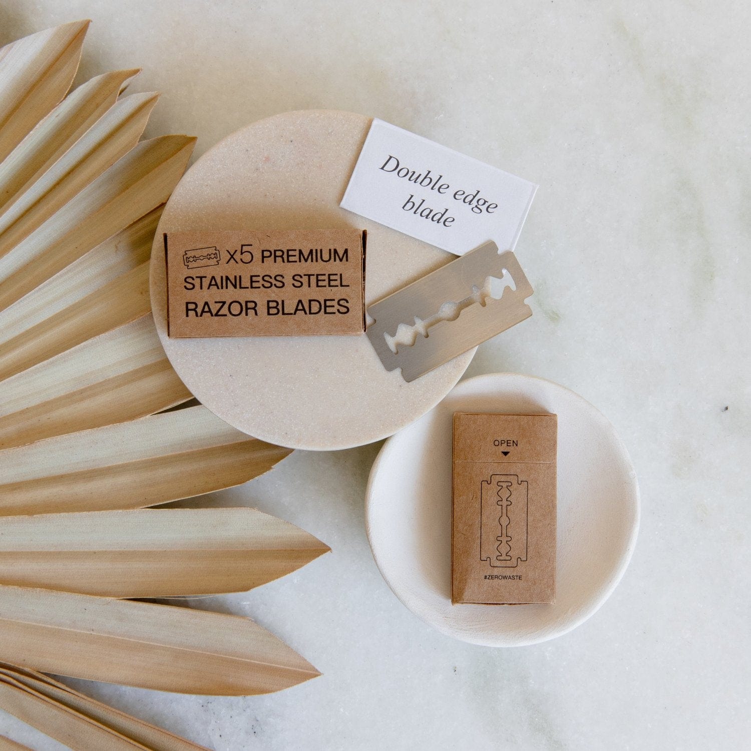Three reusable zero waste razor replacement blades from ZeroWasteStore.com, designed for eco-friendly razors and sustainable shaving.