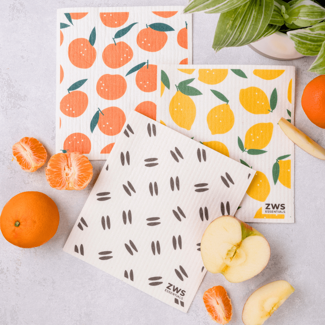 Swedish dish cloth by ZeroWasteStore.com, reusable paper towel with lemon print for eco-friendly kitchen cleaning.