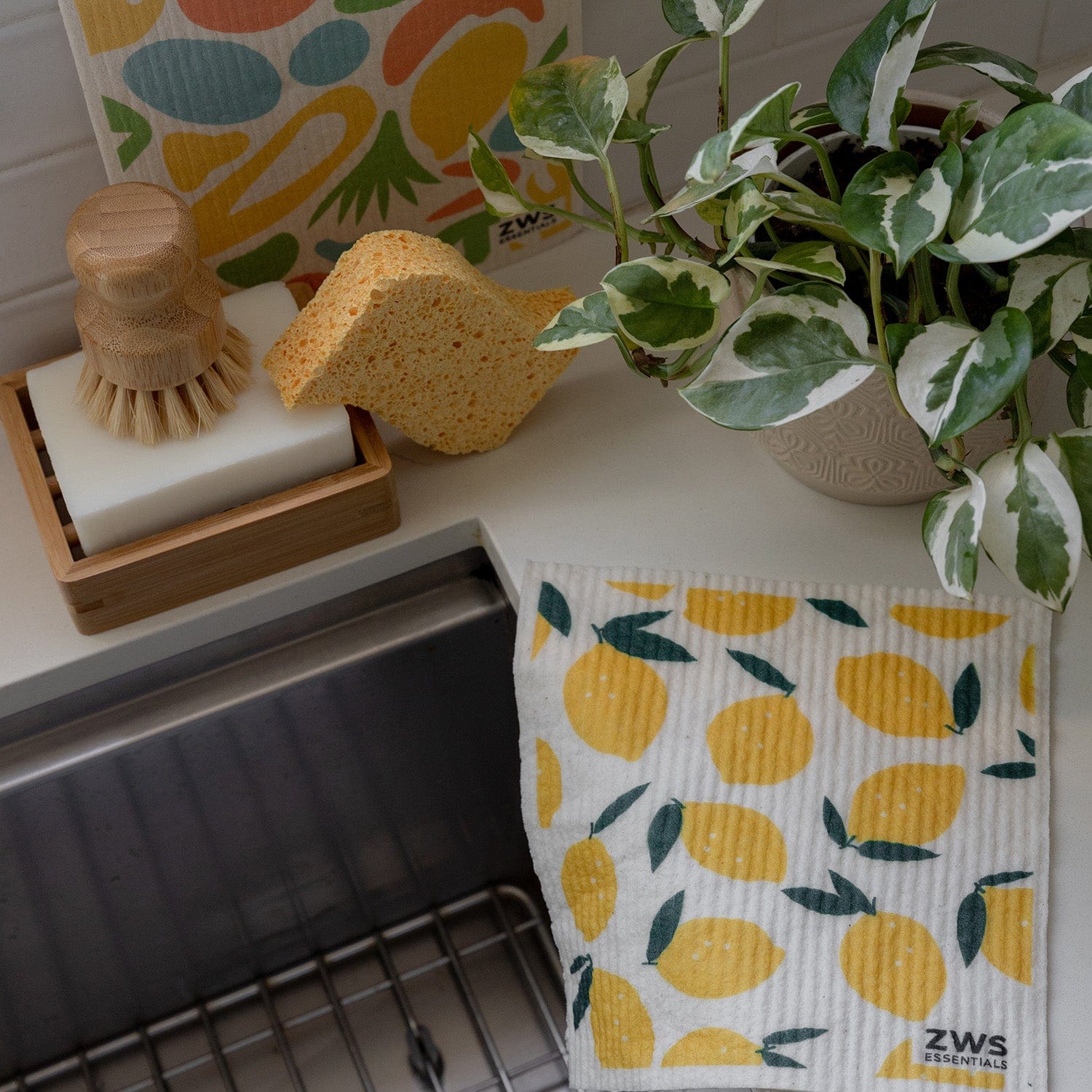 Swedish dish cloth by ZeroWasteStore.com, reusable paper towel with lemon design, eco-friendly cleaning cloth for kitchen use