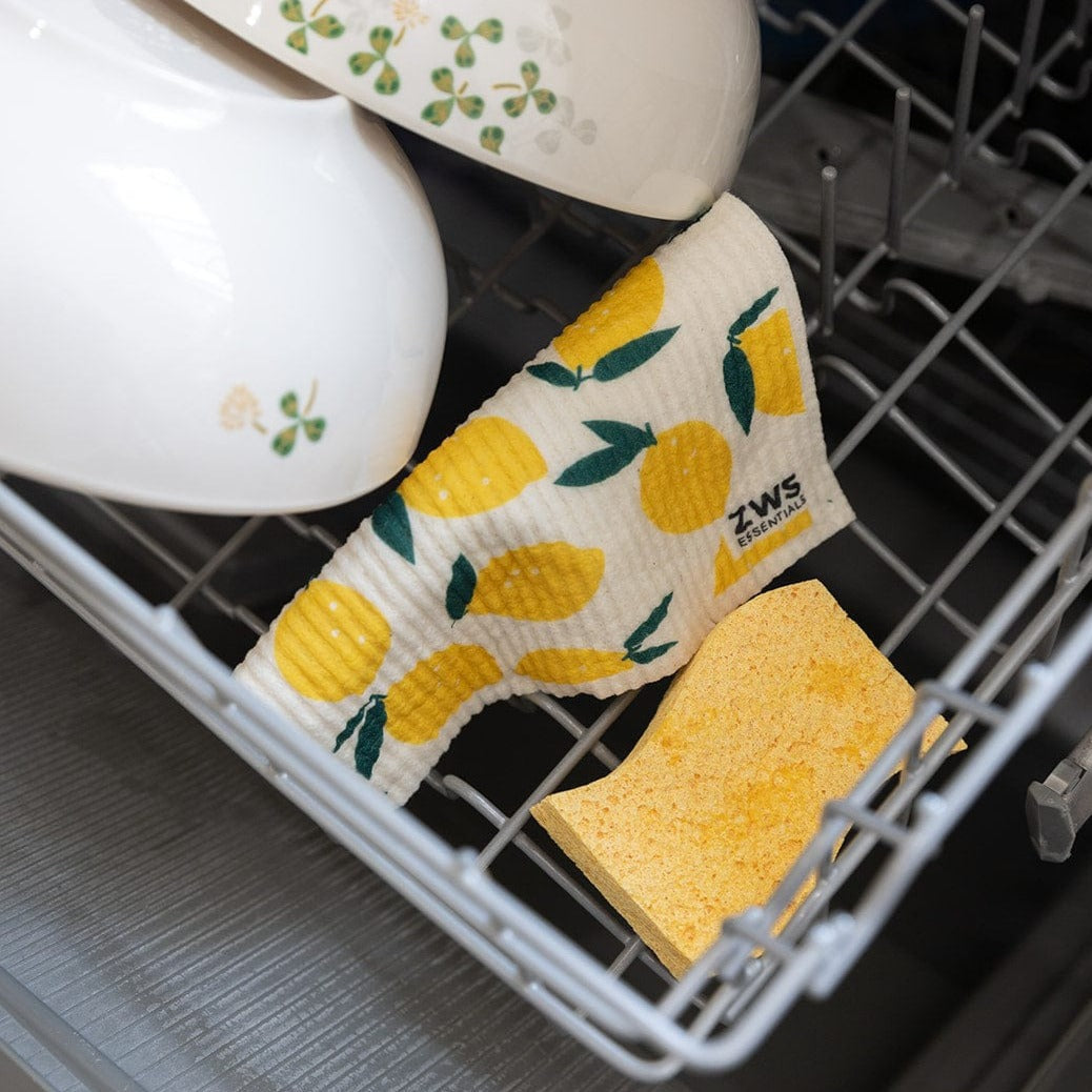 Reusable Swedish dish cloth with lemon print, designed as eco-friendly paper towel alternative for cleaning and drying.