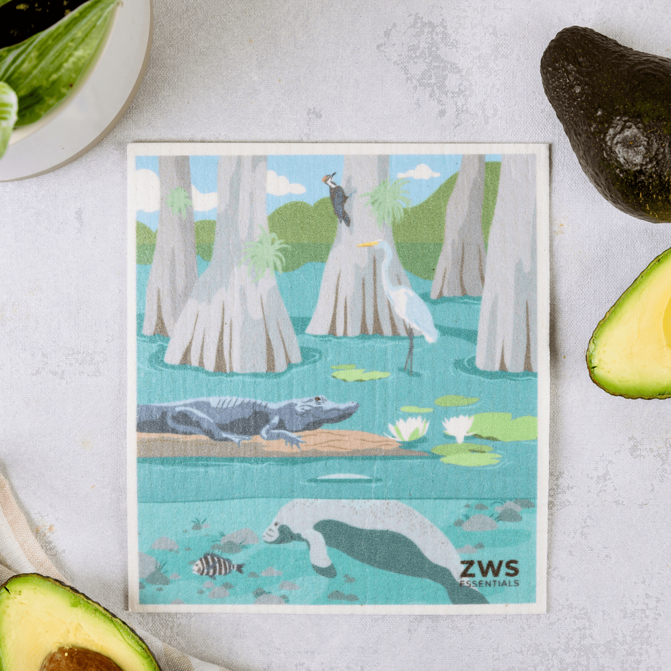 Reusable Swedish dish cloth by ZeroWasteStore.com featuring lemon print, eco-friendly alternative to paper towels for cleaning.