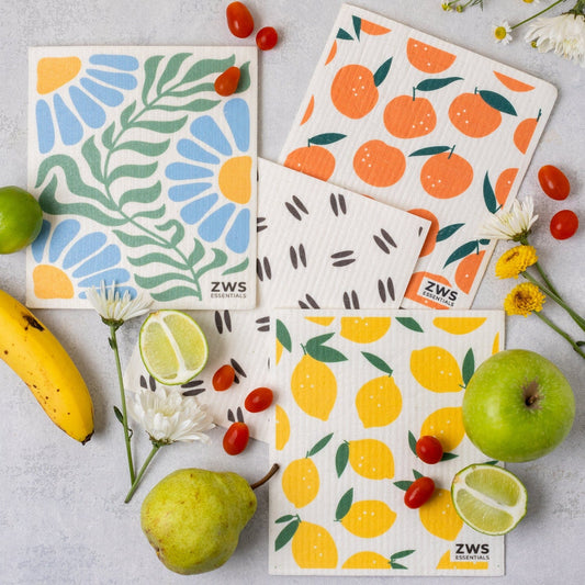Reusable Swedish dish cloth with lemon print, eco-friendly and absorbent, designed for cleaning and kitchen use.