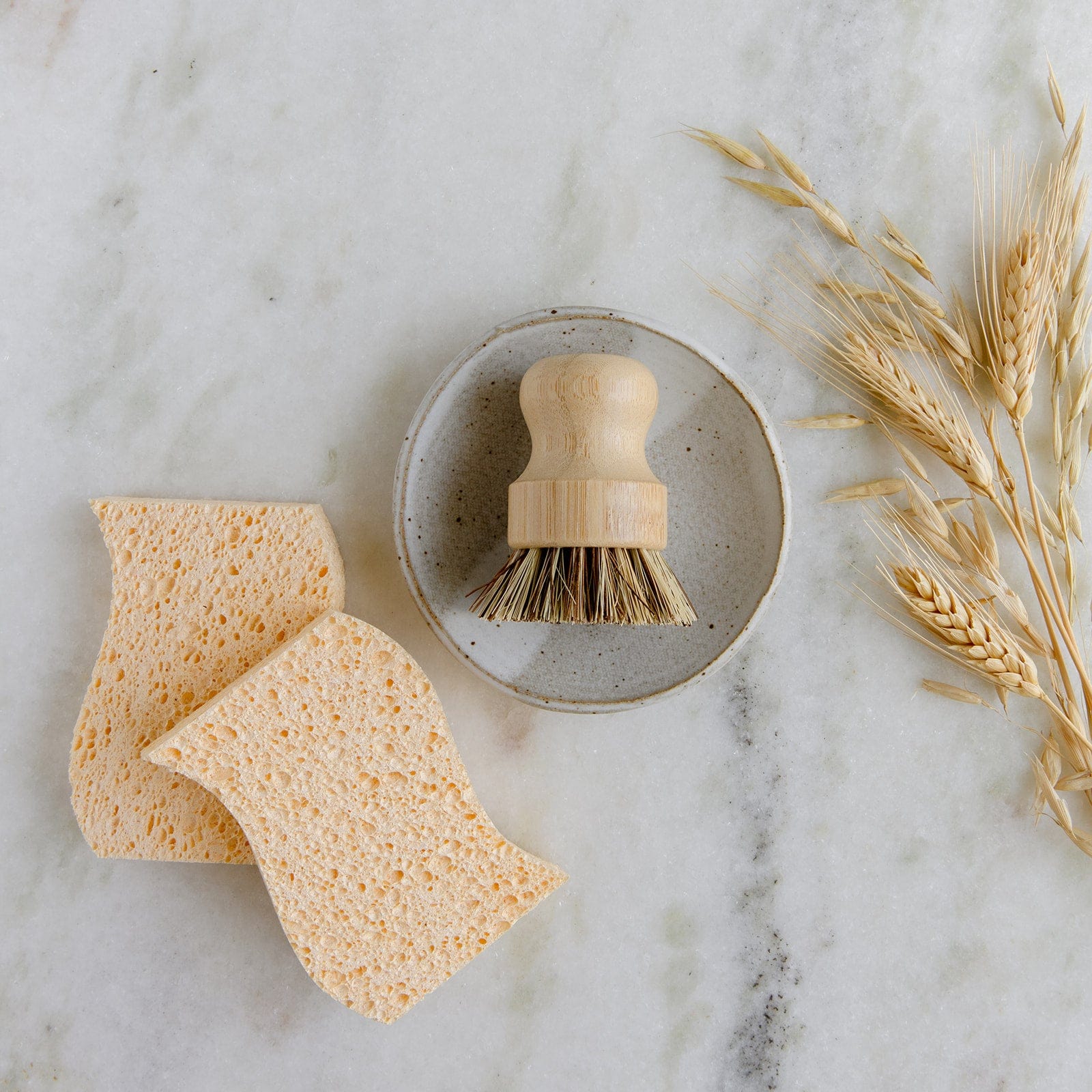 Mini dish sponge and scrub brushes from ZeroWasteStore.com in a compact kit, ideal for eco-friendly kitchen cleaning.