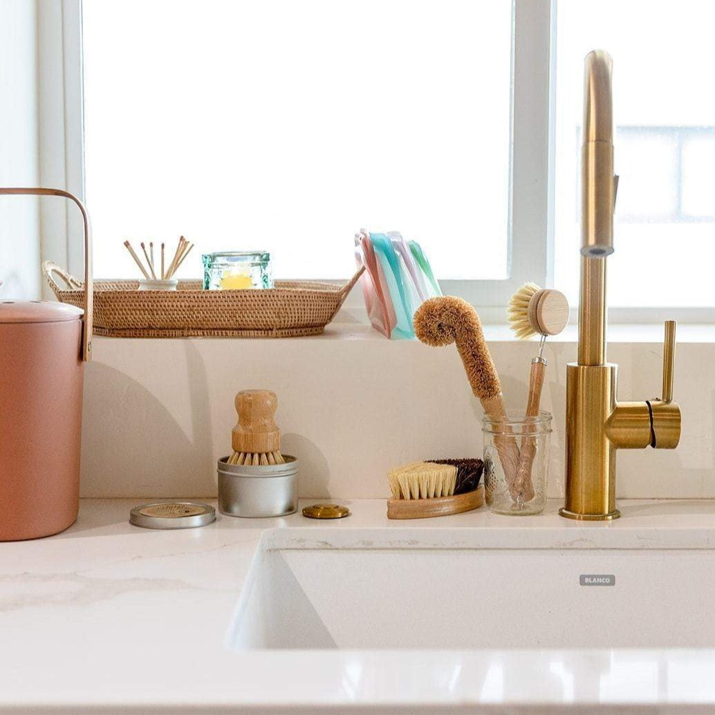 Zero Waste Dish Brush Kit featuring eco-friendly scrub brushes for cleaning dishes and kitchen surfaces sustainably.