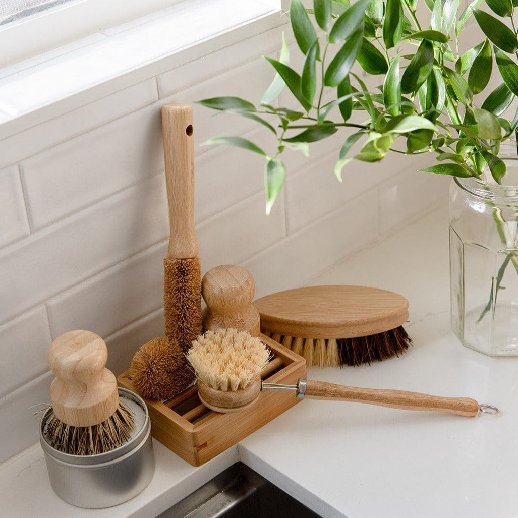 Zero Waste Dish Brush Kit with natural wooden handle and eco-friendly bristles for sustainable kitchen cleaning.