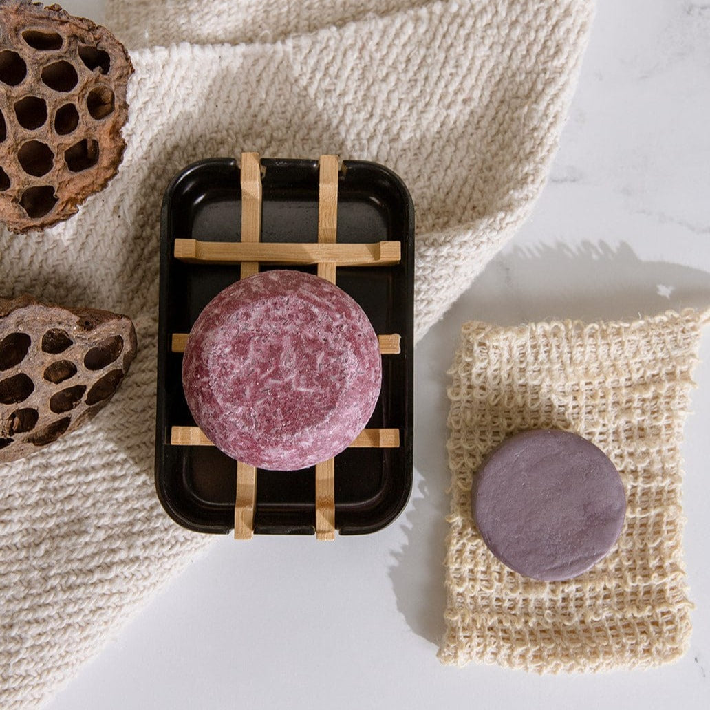 Zero Waste Store mini hair care kit with shampoo and conditioner, includes a white soap dish, eco-friendly zero waste hair products.